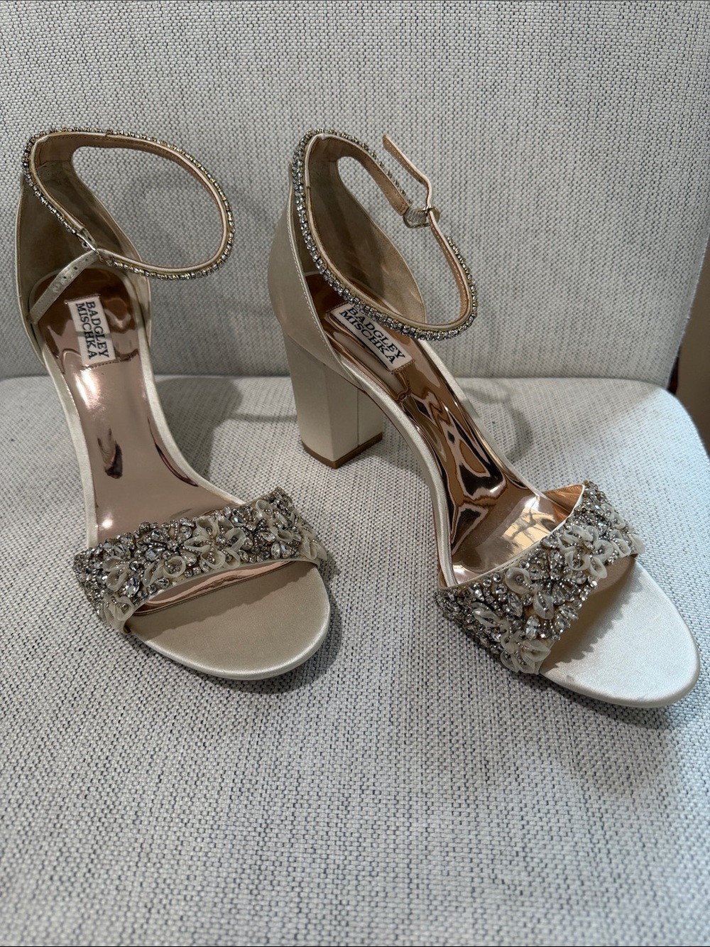 Badgley Mischka Champagne Jeweled Ankle-Strap Block Heels